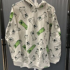Kids Minecraft Creeper All‎ Over Print Hoodie Sweatshirt XXL White Green